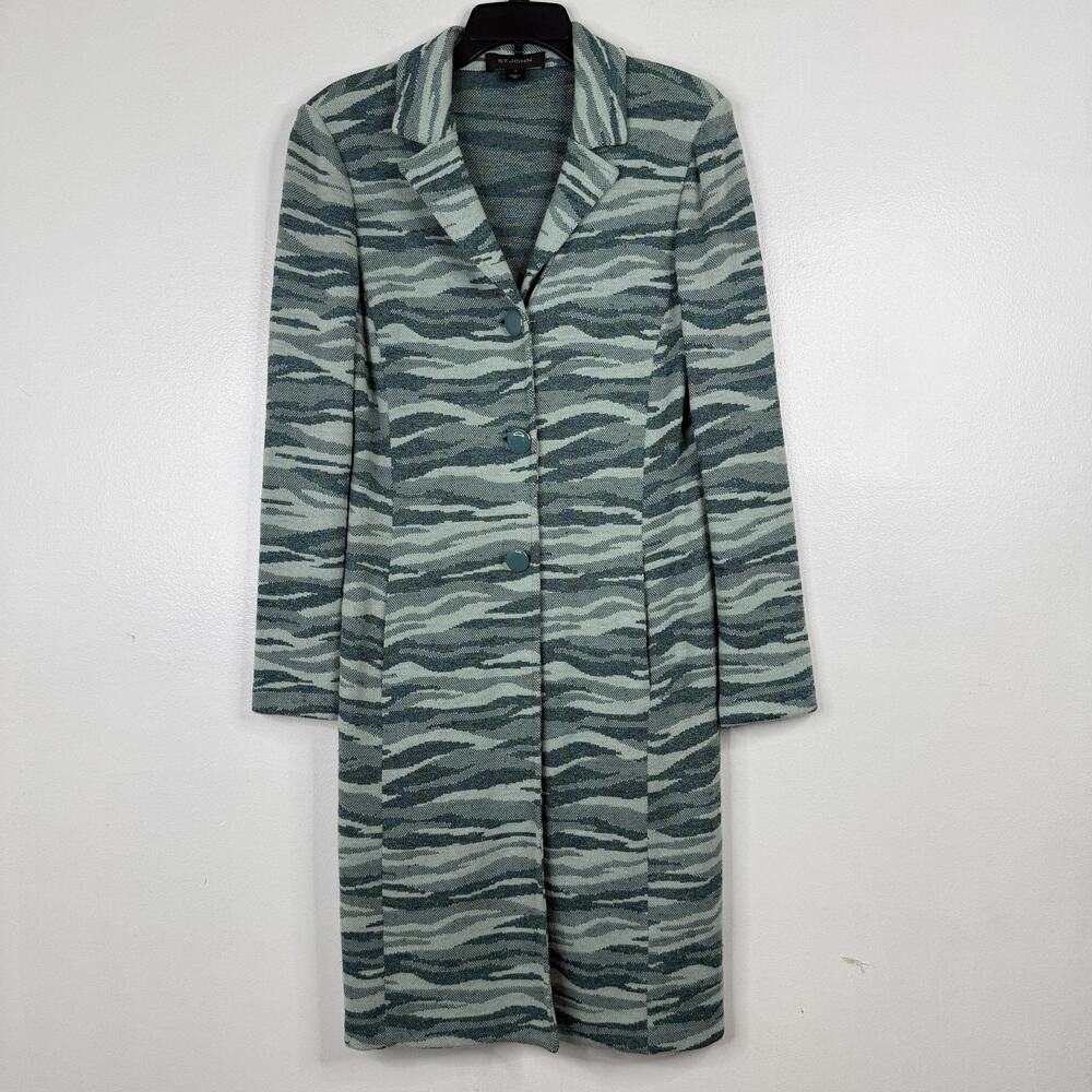 St John Duster Coat Long Jacket Womens 8 Green Zerba Animal Knit Button Pockets